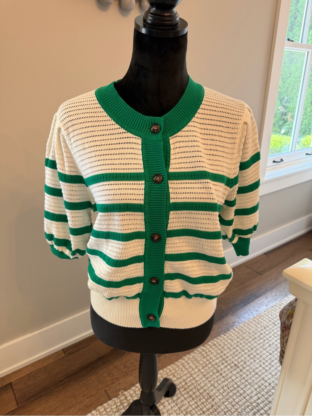 Cream and Green Striped Short Sleeve Sweater Top